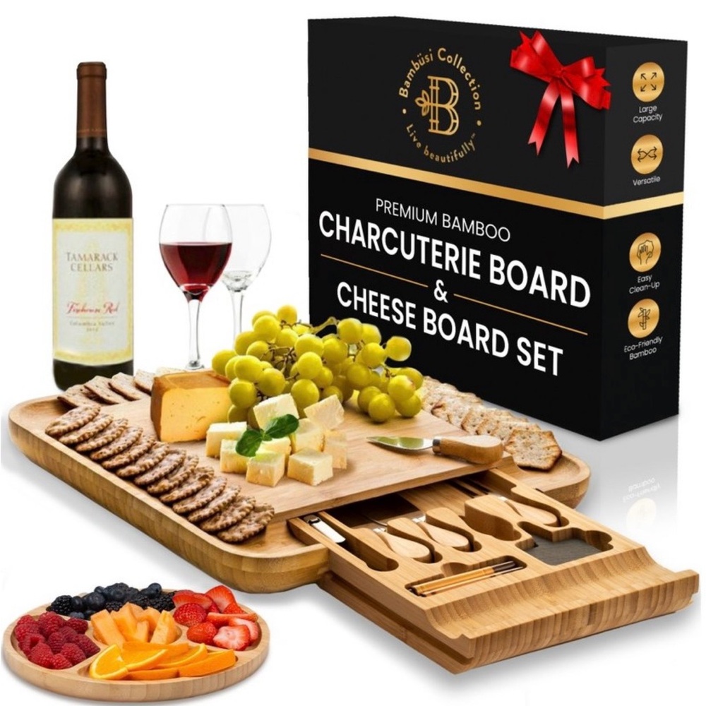 Bambusi Collection Premium Bamboo Charcuterie & Cheese Board Set  NIB